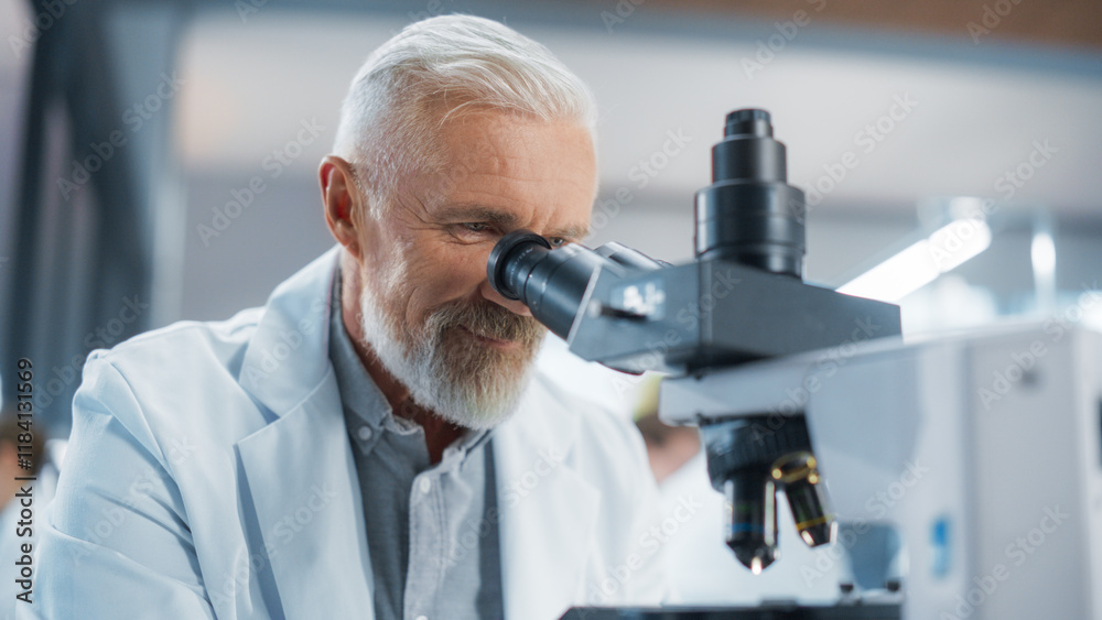 Poster senior medical research scientist looking at biological samples under a microscope in an applied sci