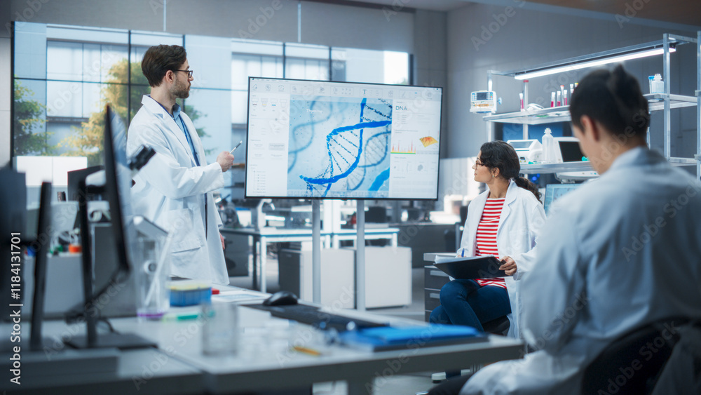 Poster diverse team of scientists discussing ideas in a biotech startup lab. group of international student
