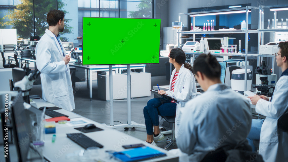 Poster group of students listening to their biology professor who uses tv monitor with green screen templat