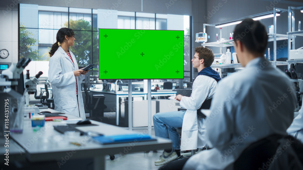 Poster group of students listening to their young biology teacher who uses tv monitor with green screen tem