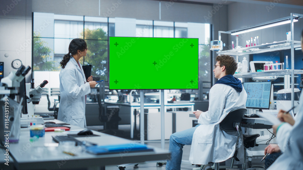 Poster group of students listening to their young biology teacher who uses tv monitor with green screen tem