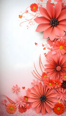 Obraz premium Coral paper flowers arrangement, vertical design, white background, Valentine's Day card or wedding invitation