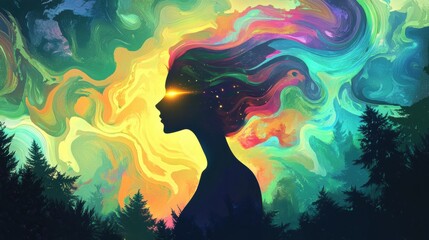 Colorful Abstract Silhouette of a Woman with Flowing Hair and Stars