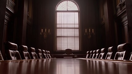 Solemn Corporate Bankruptcy Hearing Room with Long Wooden Table and Leather Chairs, Dim Lighting, and Partially Closed Blinds