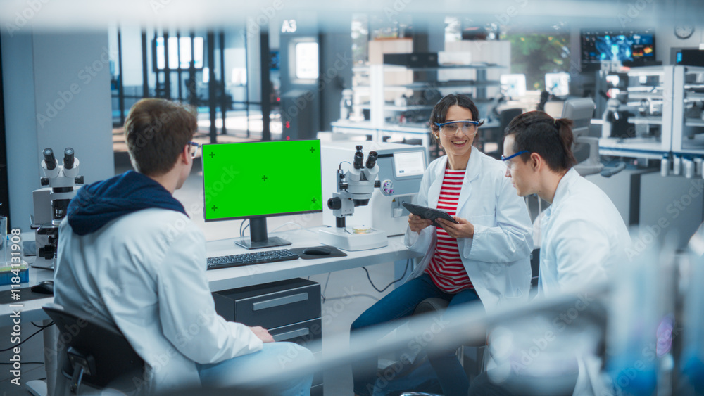 Poster employees looking at a computer with green screen in a science laboratory. female research scientist