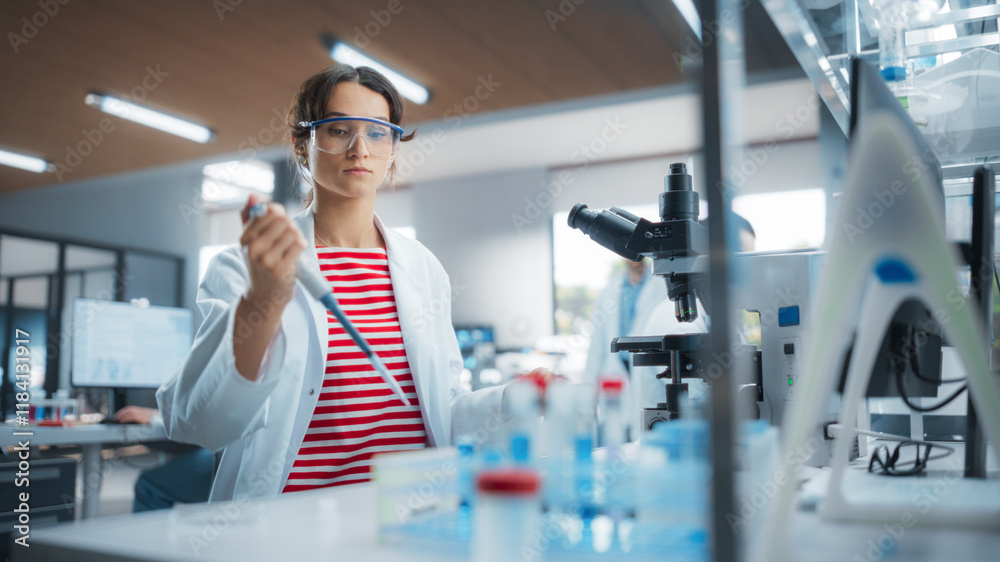 Poster pharmaceutical laboratory: young female scientist working with samples, using micro pipette for mixi