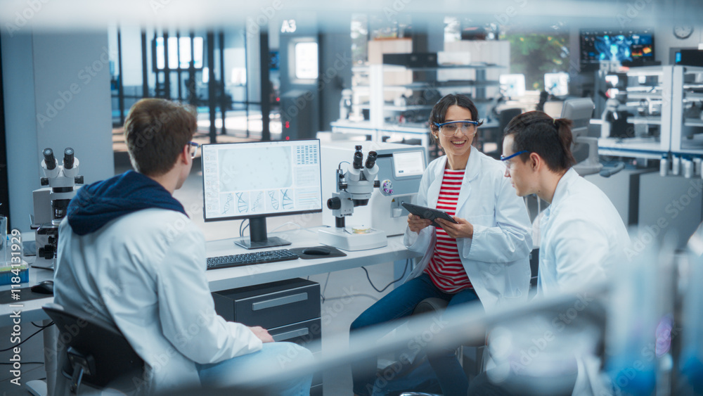 Poster female medical supervisor having a conversation with two young scientist about a gene editing resear