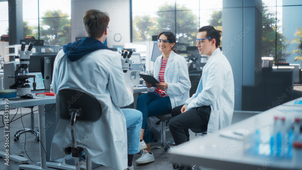 Poster female research scientist having a conversation with two intern students about the effects of differ