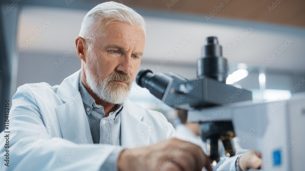 Poster senior medical research scientist looking at biological samples under a microscope in an applied sci