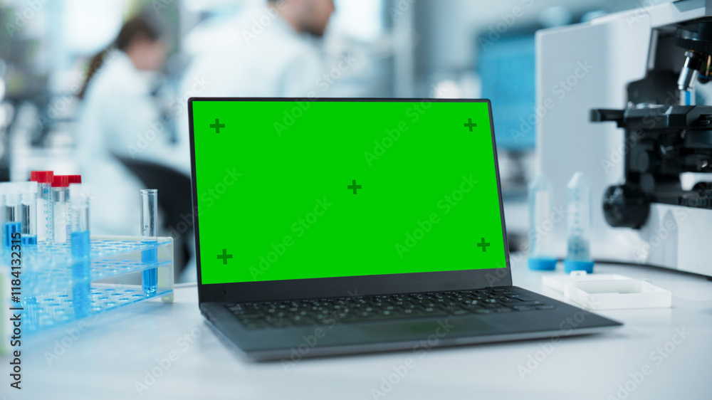 Poster Laptop Computer with Green Screen Chromakey Template Standing on a Desk in a Science Laboratory Next to a Microscope and Test Tubes with Genomics Samples. Scientists Working in the Background
