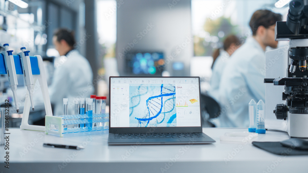 Leinwandbilder Laptop Standing on a Desk in a Modern Science Laboratory. Computer Software Analyzing DNA Sequence and Generating Report for a Research Team, Anonymous Specialists Working in the Background