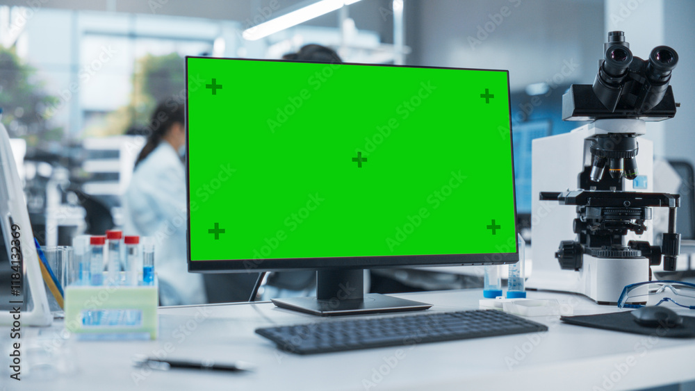 Poster Desktop Computer with Green Screen Mock Up Display Standing on a Table in a Science Laboratory Next to a Microscope and Test Tubes with Biological Samples. Anonymous People Working in the Background