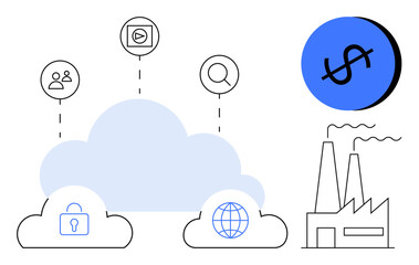 Cloud with security lock, globe, user group, play button, magnifying glass icons. Factory with smoke and dollar sign. Ideal for cloud computing, digital security, global connectivity online media