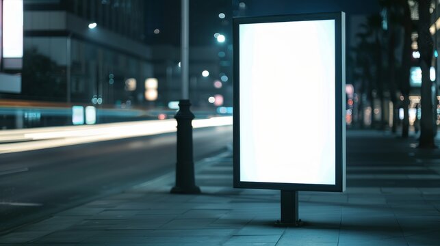 A Luminous Empty Billboard Displaying Bright Blank Space Under City Night Sky with Motion Blur From Passing Cars Highlighting Urban Environment