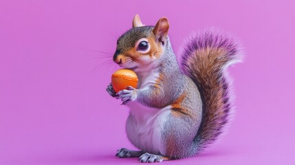 A delightful squirrel stands proudly with a colorful acorn in its paws. Set against a bright purple backdrop, the scene captures the essence of nature's playful moments