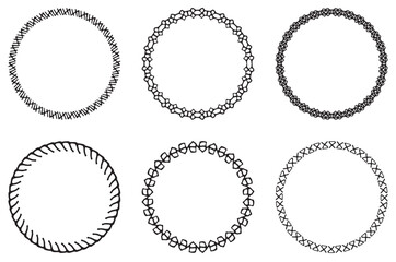 Set of decorative vintage openwork circle frames. Ornate fishnet round frames border isolated on white background. Classic style chain pattern. Vector
