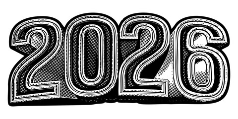 Year ‘2026’ written in three-dimensional one-point perspective retro extruded block letters with grainy vintage halftone texture