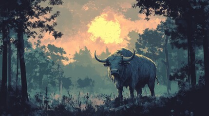Majestic Yak Stands in a Sunset Forest