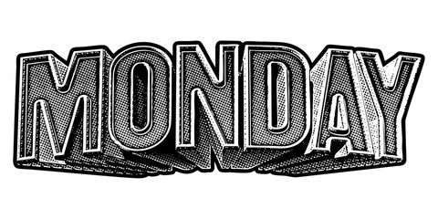 ‘Monday’ written in three-dimensional one-point perspective retro extruded block letters with grainy vintage halftone texture