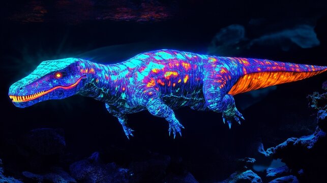 Futuristic Cybernetic Nothosaurus Gliding Through Luminous Underwater Caves with Glowing Fins - Concept of Advanced Marine Life