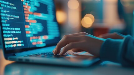 Close-Up of Hands Typing on Laptop Keyboard with Colorful Code Displayed on Screen in a Dimly Lit Environment, Ideal for Technology and Programming Themes