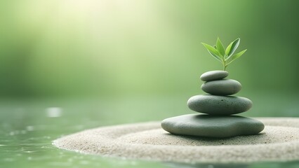 Serene Zen Garden, Minimalist Green Scene with Balanced Stones, Sand, and Plant