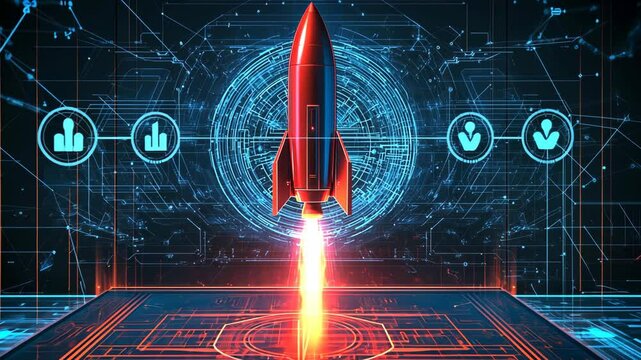 Rocket launch with digital interface in a futuristic setting highlighting technological advancement