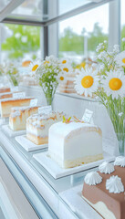 Delicious cakes displayed in a bakery window, flowers in vases add a fresh touch, bright daylight illuminates the scene, ideal for food blogs and menus