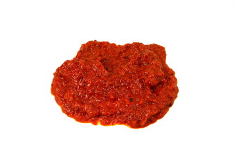 Ajvar isolated on white- traditional macedonian serbian dish made from red bell peppers, eggplant and garlic, lutenitza, popular in Balkans. Homemade tomato sauce for pasta.