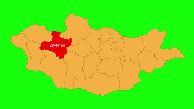 Zavkhan map animated video. The location is highlighted on the Mongolia map. Color map with Green screen background in video format.	