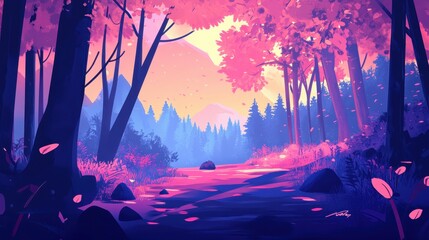 Pink and Blue Forest Path at Sunset