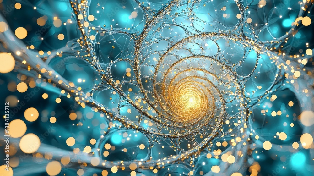 Poster abstract spiral pattern with glowing orbs and intricate web-like structure in vibrant blue and gold 