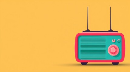 Obraz premium A colorful retro radio with antennas on a bright yellow background, evoking nostalgia and a playful vibe.