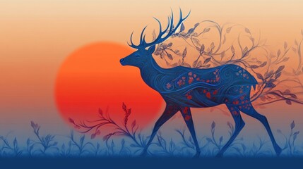 Naklejka premium Colorful Silhouette of Deer Against Sunset with Floral Patterns