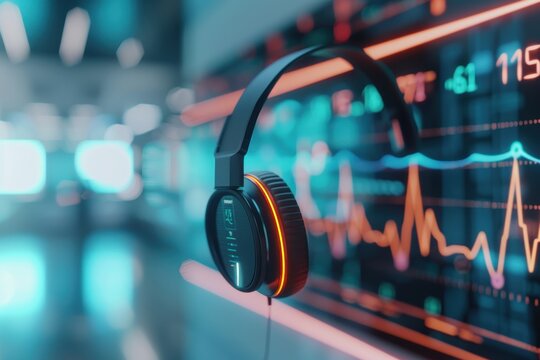 Biometric headphones with holographic health data displays offer advanced monitoring of vital signs in a futuristic medical bay, showcasing glowing energy flows and cutting-edge wearable technology.