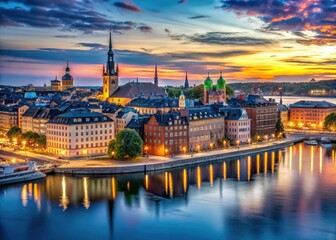 Obraz premium Long exposure magic captures Stockholm's Old Town at night, a breathtaking Swedish capital vista.