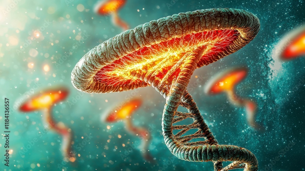 Poster abstract representation of dna double helix structure floating in colorful space with glowing elemen