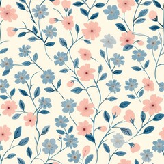 Delicate Floral Pattern Design Featuring Soft Pink and Blue Flowers with Green Leaves on a Cream Background
