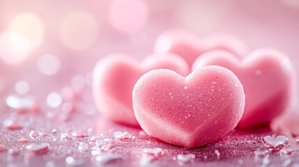 Fototapeta premium Intricate pink hearts glisten with droplets, creating a dreamy atmosphere of love and warmth