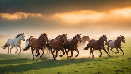 Wild Horses Galloping: A Serene Sunset Landscape