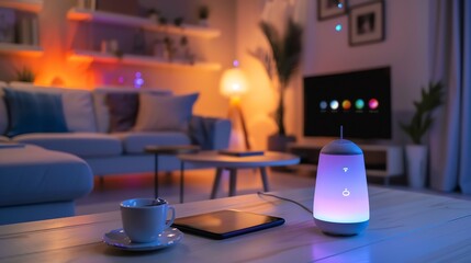 A smart speaker on a coffee table in a living room.