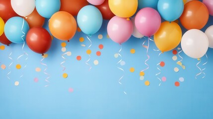 Colorful balloons with party streamers create a lively festive atmosphere for celebrations and gatherings. happy birthday, holiday, have fun, birthday boy
