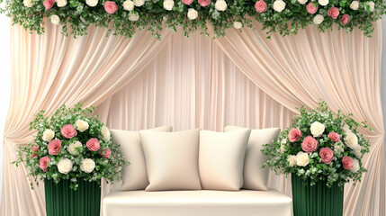 Elegant wedding stage setup with floral arrangements, cushions, and peach drapes against a white backdrop, ideal for event planning websites