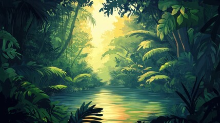 Lush Tropical Rainforest River Scene With Sunlight