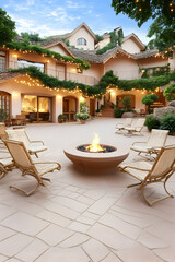 Fototapeta premium Evening fire pit in a resort courtyard, surrounded by lounge chairs, with a hilltop mansion in the background; ideal for relaxation, luxury travel brochures