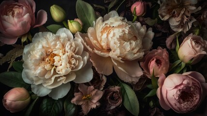 Vintage bouquet of roses, peonies, and lilies in Baroque style, with delicate flourishes on a dark background.