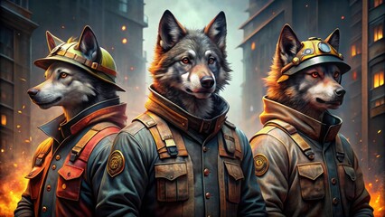 Obraz premium Three perspectives capture a courageous anthropomorphic wolf firefighter navigating urban ruins.