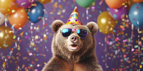 Party animal! Colorful photp of funny, happy grizzly  bear on purple background. Ballons, confetti, happy mood. Birthday celebration horizontal banner,