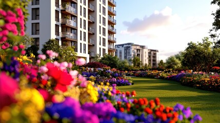 Modern Urban Landscape with Vibrant Flower Bed and Contemporary Apartment Buildings