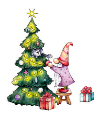 Isolated New Year illustration with a gnome and a cat in watercolor technique